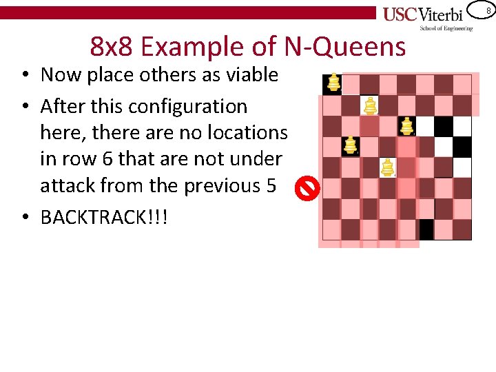 8 8 x 8 Example of N-Queens • Now place others as viable •