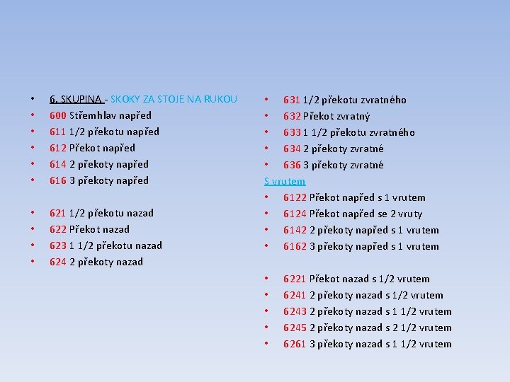  • • • 6. SKUPINA - SKOKY ZA STOJE NA RUKOU 600 Střemhlav