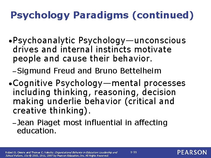 Psychology Paradigms (continued) • Psychoanalytic Psychology—unconscious drives and internal instincts motivate people and cause