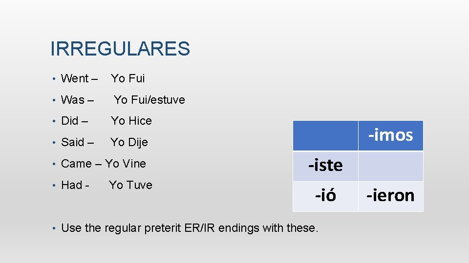 IRREGULARES • Went – Yo Fui • Was – Yo Fui/estuve • Did –