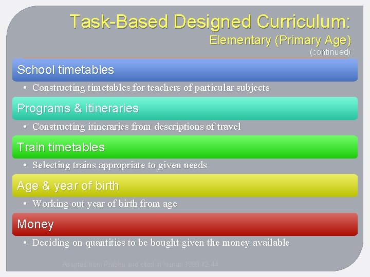 Task-Based Designed Curriculum: Elementary (Primary Age) (continued) School timetables • Constructing timetables for teachers