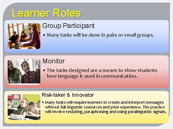 Learner Roles Group Participant • Many tasks will be done in pairs or small