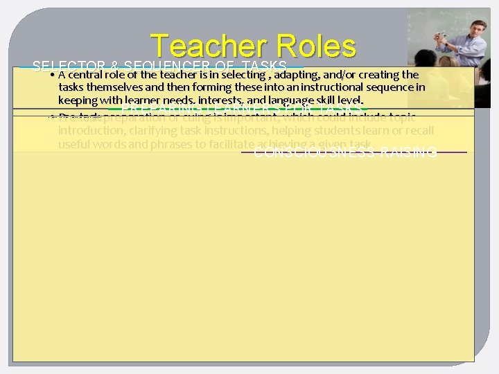 Teacher Roles SELECTOR & SEQUENCER OF TASKS • A central role of the teacher