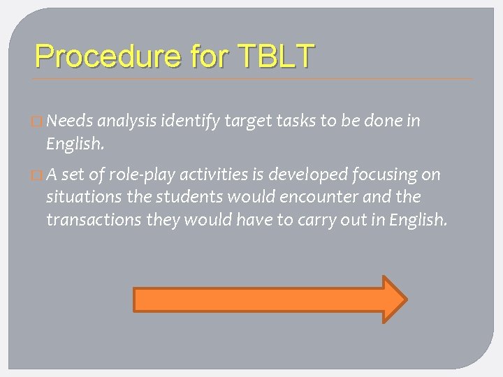 Procedure for TBLT � Needs analysis identify target tasks to be done in English.