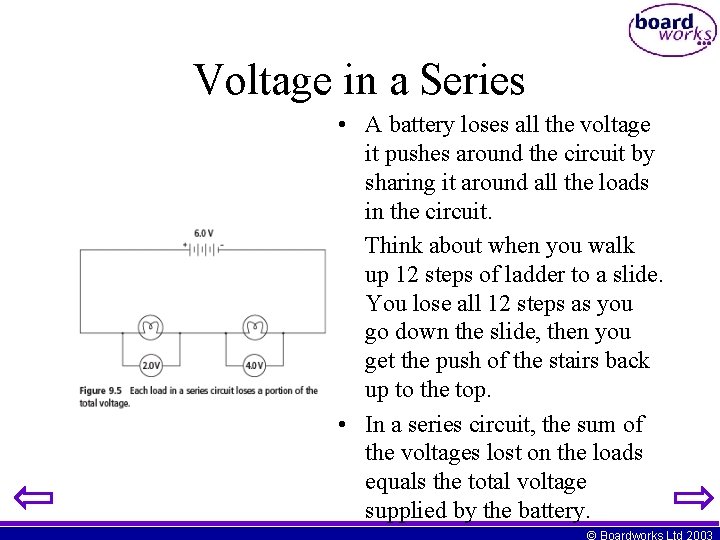 Voltage in a Series • A battery loses all the voltage it pushes around