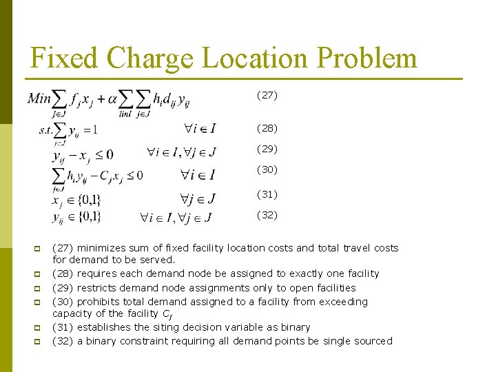 Fixed Charge Location Problem (27) (28) (29) (30) (31) (32) p p p (27)