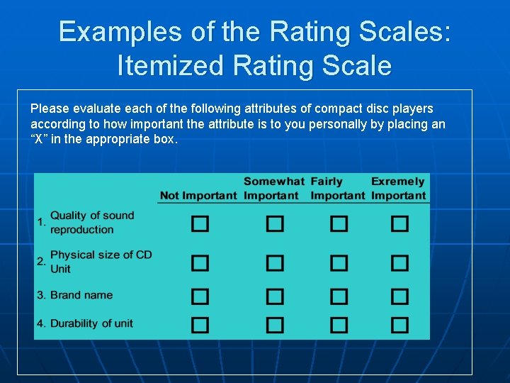 Examples of the Rating Scales: Itemized Rating Scale Please evaluate each of the following