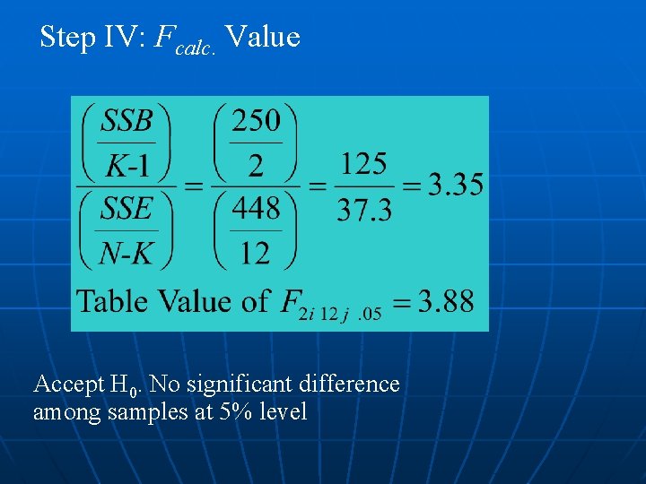 Step IV: Fcalc. Value Accept H 0. No significant difference among samples at 5%