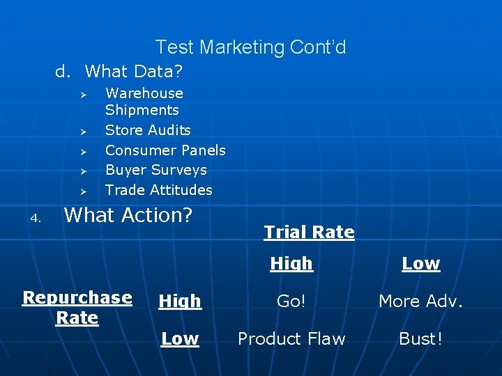 Test Marketing Cont’d d. What Data? Ø Ø Ø 4. Warehouse Shipments Store Audits