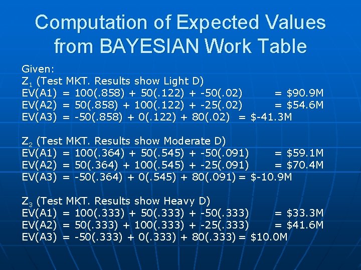Computation of Expected Values from BAYESIAN Work Table Given: Z 1 (Test MKT. Results