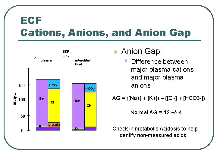 ECF Cations, Anions, and Anion Gap l Anion Gap • Difference between major plasma