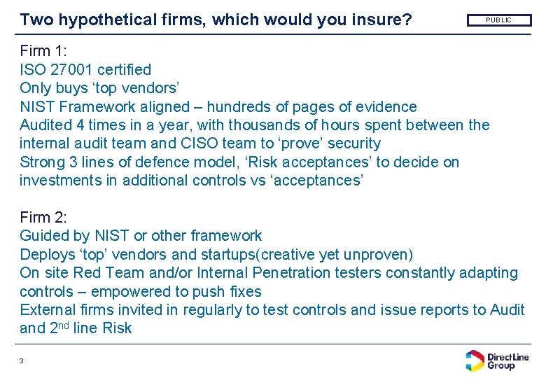 Two hypothetical firms, which would you insure? PUBLIC Firm 1: ISO 27001 certified Only