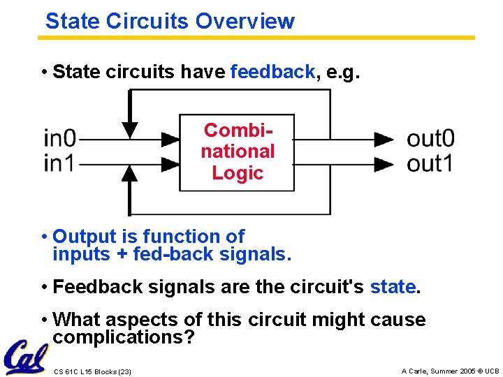 State Circuits Overview • State circuits have feedback, e. g. Combinational Logic • Output