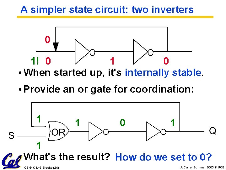 A simpler state circuit: two inverters 0 1! 0 1 0 • When started