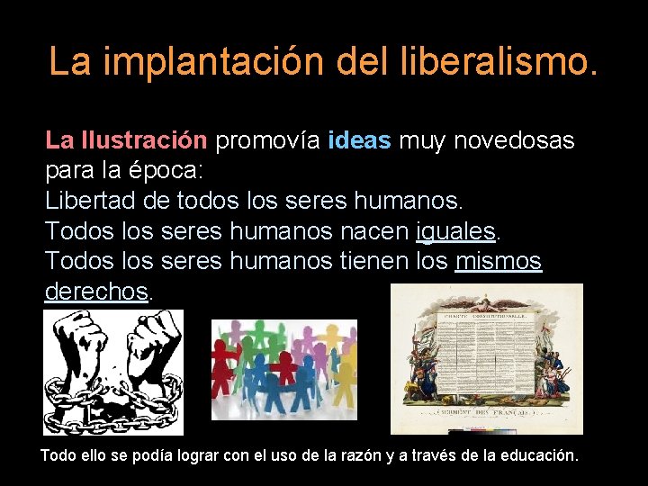 La implantación del liberalismo. La Ilustración promovía ideas muy novedosas para la época: Libertad