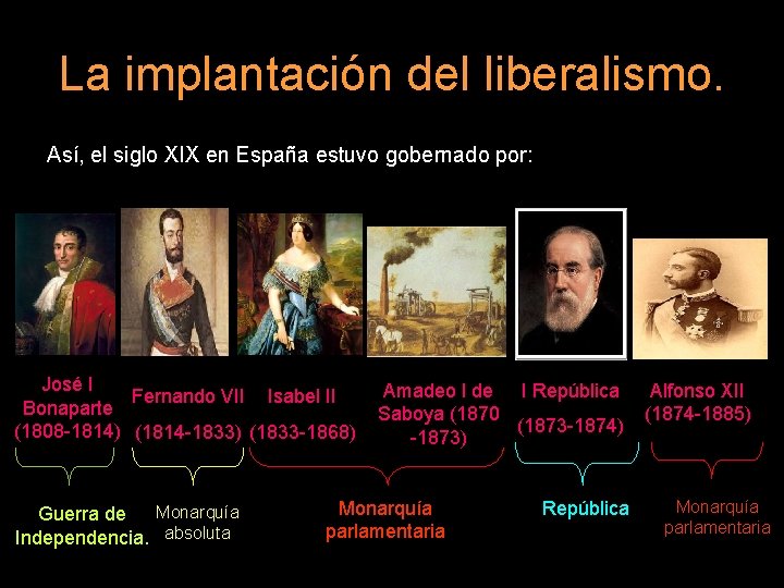La implantación del liberalismo. Así, el siglo XIX en España estuvo gobernado por: José