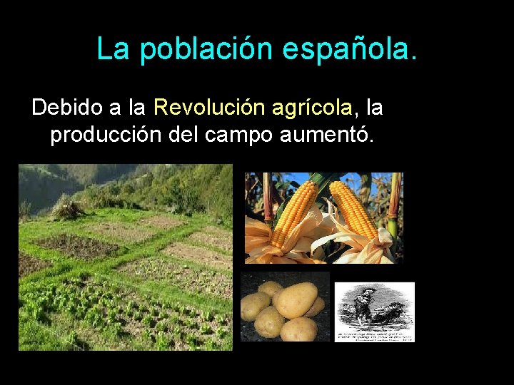 La población española. Debido a la Revolución agrícola, la producción del campo aumentó. 