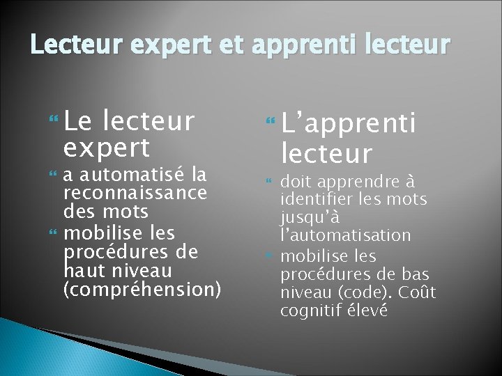 Lecteur expert et apprenti lecteur Le lecteur expert a automatisé la reconnaissance des mots