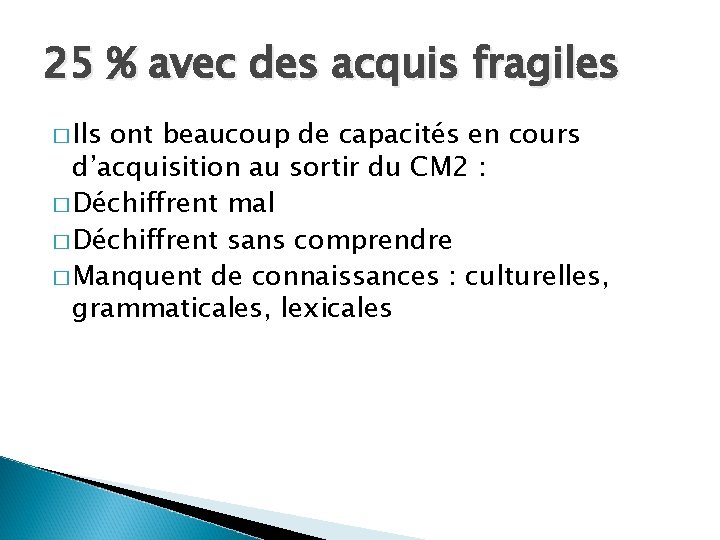 25 % avec des acquis fragiles � Ils ont beaucoup de capacités en cours