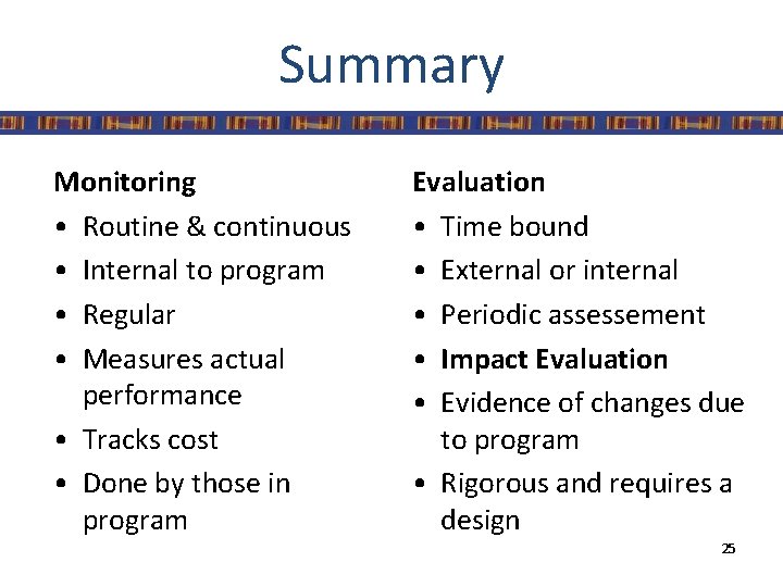 Summary Monitoring • Routine & continuous • Internal to program • Regular • Measures