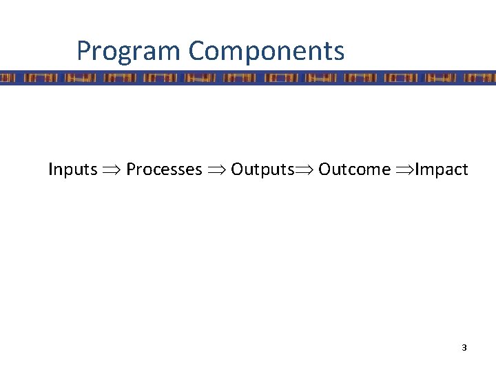 Program Components Inputs Processes Outputs Outcome Impact 3 