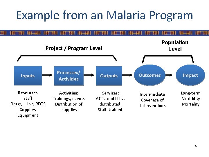 Example from an Malaria Program Population Level Project / Program Level Inputs Resources Staff