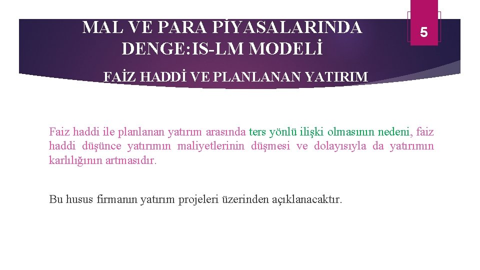 MAL VE PARA PİYASALARINDA DENGE: IS-LM MODELİ 5 FAİZ HADDİ VE PLANLANAN YATIRIM Faiz