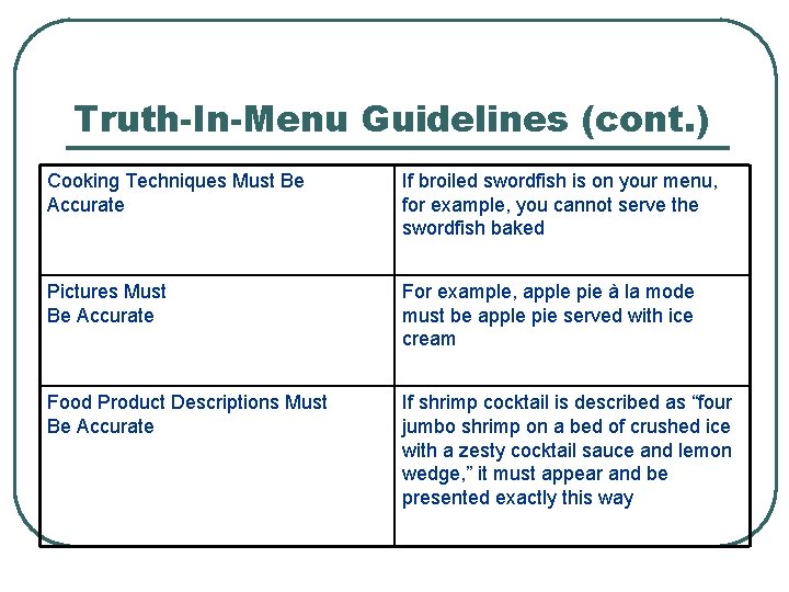 Truth-In-Menu Guidelines (cont. ) Cooking Techniques Must Be Accurate If broiled swordfish is on