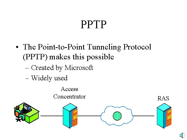 PPTP • The Point-to-Point Tunneling Protocol (PPTP) makes this possible – Created by Microsoft