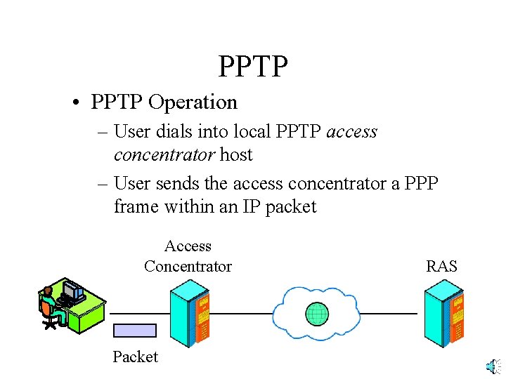 PPTP • PPTP Operation – User dials into local PPTP access concentrator host –