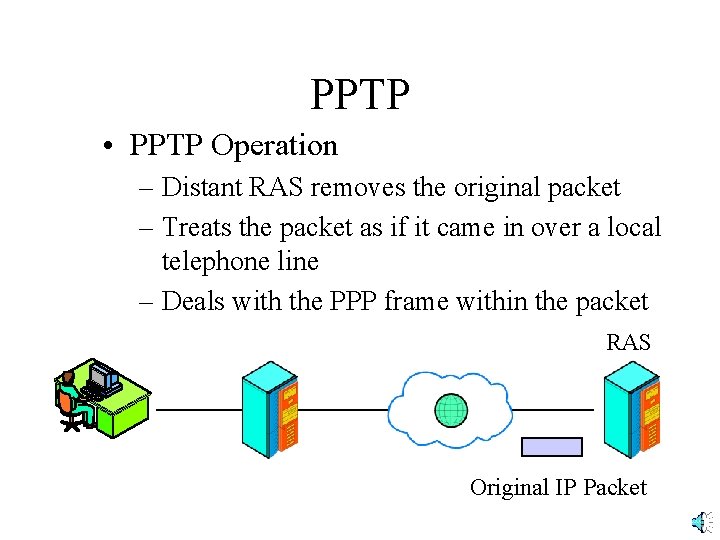 PPTP • PPTP Operation – Distant RAS removes the original packet – Treats the