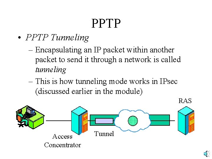 PPTP • PPTP Tunneling – Encapsulating an IP packet within another packet to send