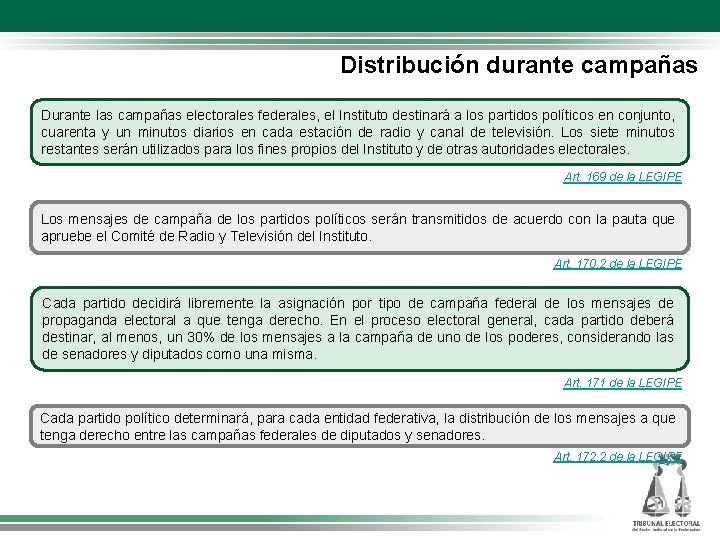 Distribución durante campañas Durante las campañas electorales federales, el Instituto destinará a los partidos