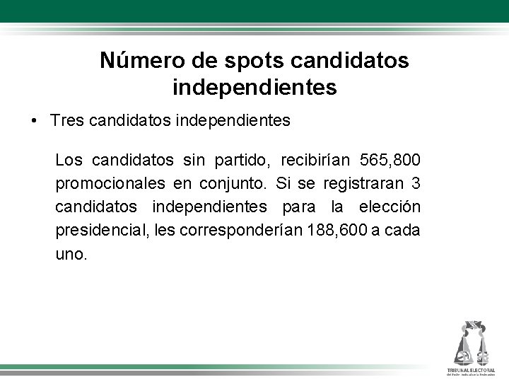 Número de spots candidatos independientes • Tres candidatos independientes Los candidatos sin partido, recibirían