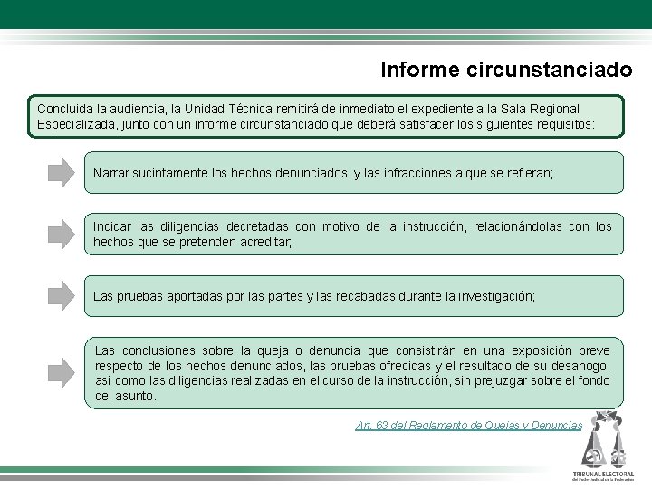 Informe circunstanciado Concluida la audiencia, la Unidad Técnica remitirá de inmediato el expediente a