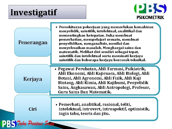 Investigatif Penerangan PSIKOMETRIK • Persekitaran pekerjaan yang memerlukan kemahiran menyelidik, saintifik, intelektual, analitikal dan