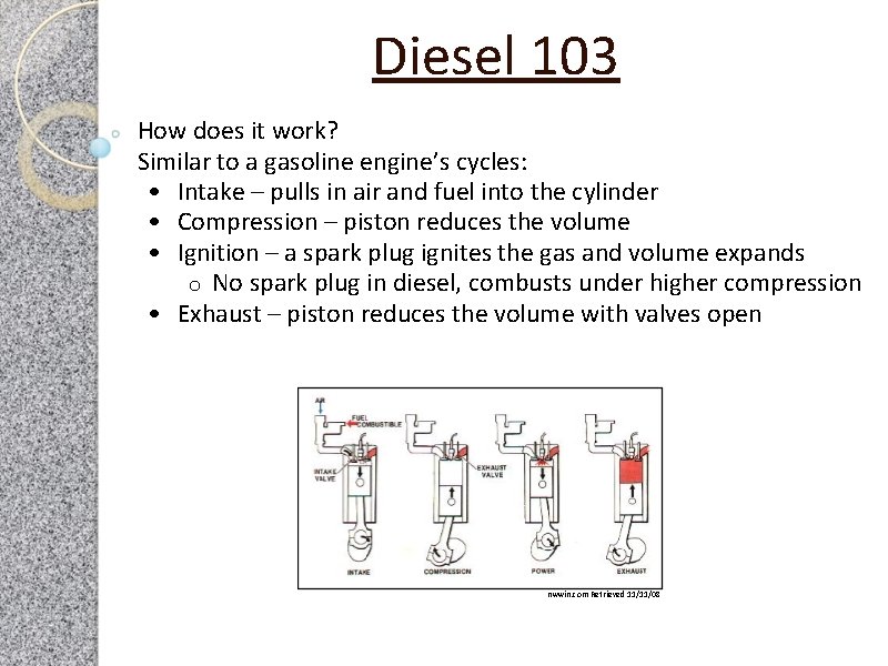 Diesel 103 How does it work? Similar to a gasoline engine’s cycles: • Intake