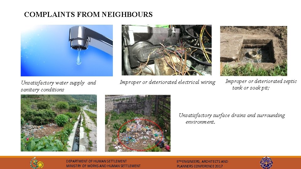 COMPLAINTS FROM NEIGHBOURS Unsatisfactory water supply and sanitary conditions Improper or deteriorated electrical wiring