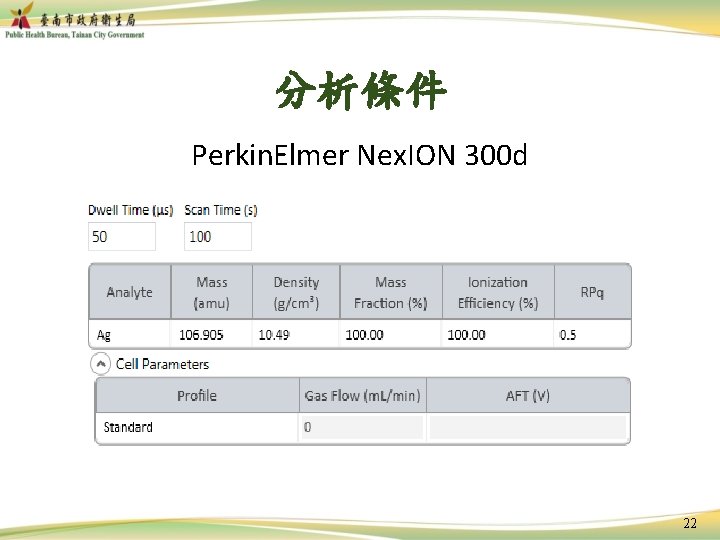 分析條件 Perkin. Elmer Nex. ION 300 d 22 
