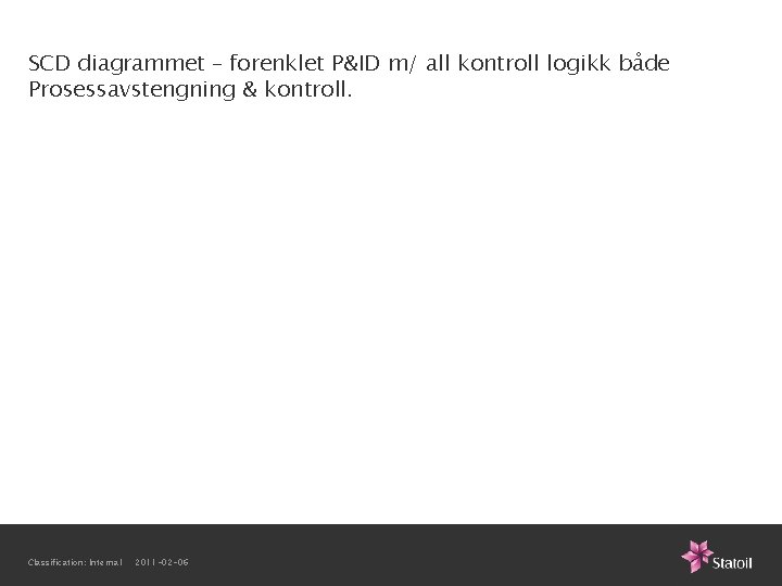 SCD diagrammet – forenklet P&ID m/ all kontroll logikk både Prosessavstengning & kontroll. Classification: