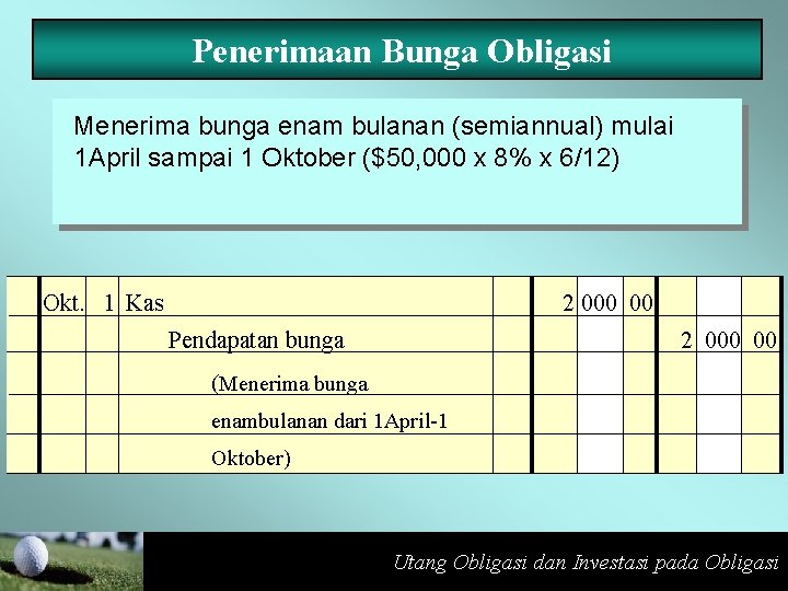 Penerimaan Bunga Obligasi Menerima bunga enam bulanan (semiannual) mulai 1 April sampai 1 Oktober