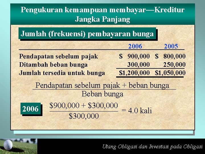 Pengukuran kemampuan membayar—Kreditur Jangka Panjang Jumlah (frekuensi) pembayaran bunga Pendapatan sebelum pajak Ditambah beban