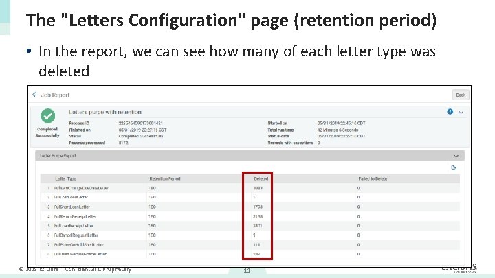 The "Letters Configuration" page (retention period) • In the report, we can see how