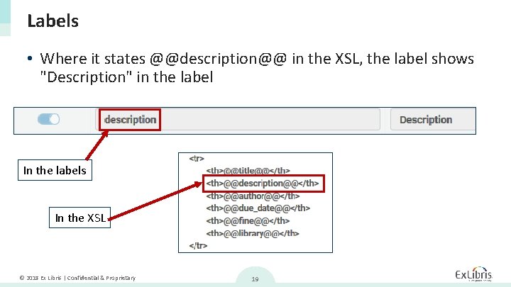 Labels • Where it states @@description@@ in the XSL, the label shows "Description" in