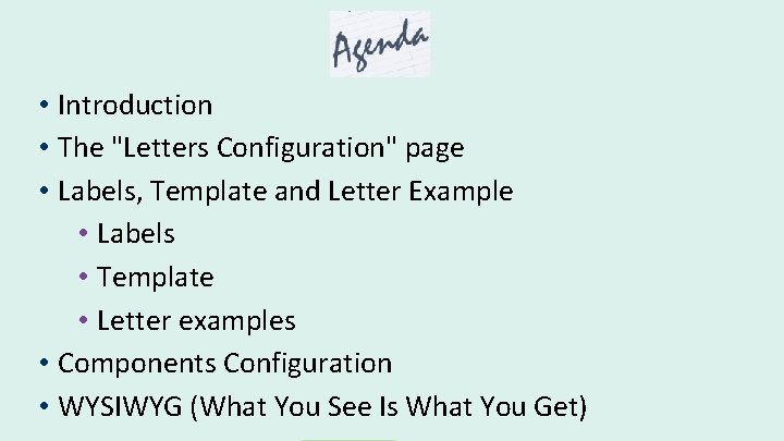  • Introduction • The "Letters Configuration" page • Labels, Template and Letter Example