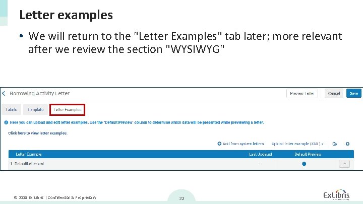 Letter examples • We will return to the "Letter Examples" tab later; more relevant