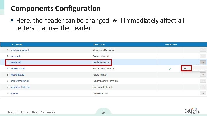 Components Configuration • Here, the header can be changed; will immediately affect all letters