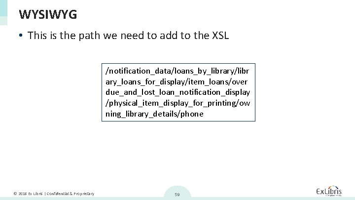 WYSIWYG • This is the path we need to add to the XSL /notification_data/loans_by_library/libr