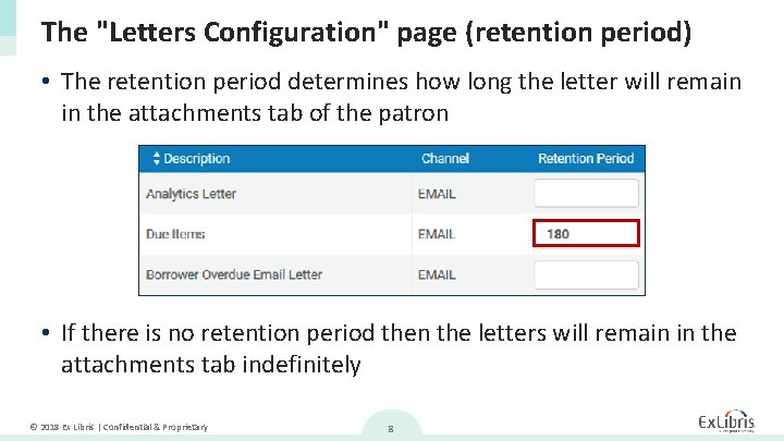 The "Letters Configuration" page (retention period) • The retention period determines how long the