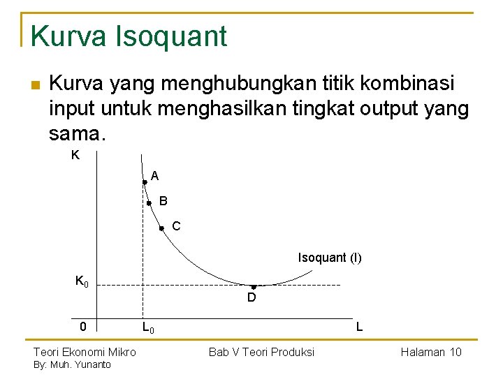 Kurva Isoquant n Kurva yang menghubungkan titik kombinasi input untuk menghasilkan tingkat output yang